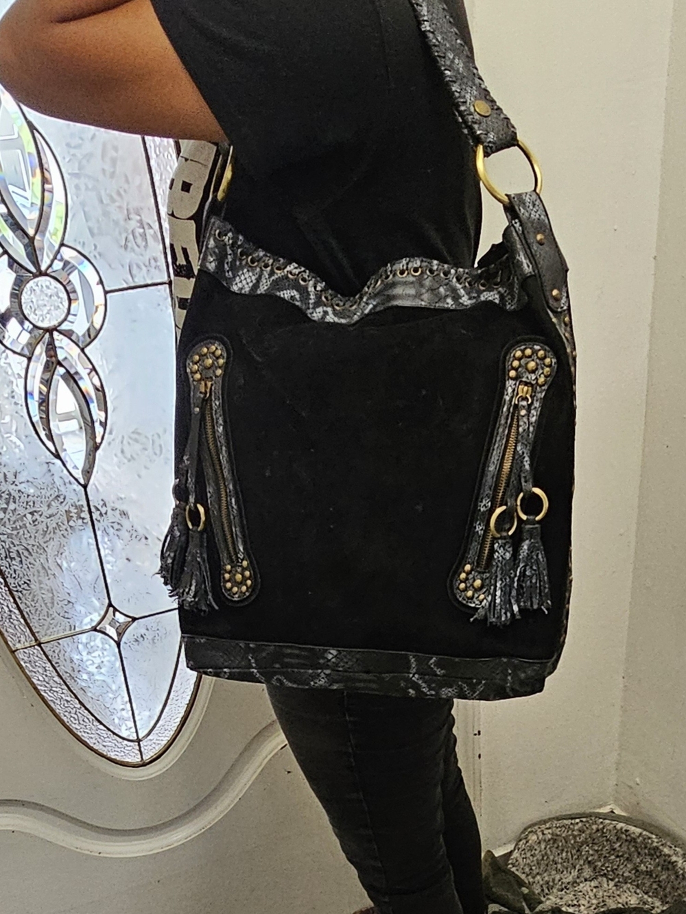 Black Suede Shoulder Bag Eart Axxessories with Tassel Accents